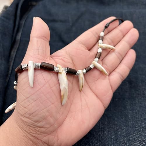 Wolf Wood Beads Tooth Necklace for Men Women Tribal Caveman Adjustable Resin Tooth Pendant Necklace