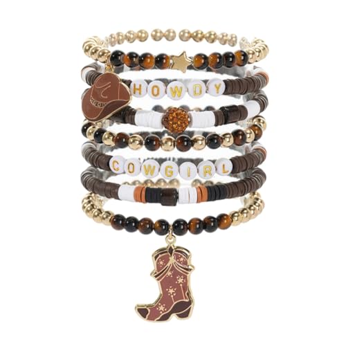 Fuqimanman2020 Boho Western Cowgirl Howdy Stackable Beaded Bracelet Set for Women Western Country Hat Boot Charms Polymer Clay Beads Bracelets Country Concert Rodeo Jewelry Gift - color: Style 1 Brown