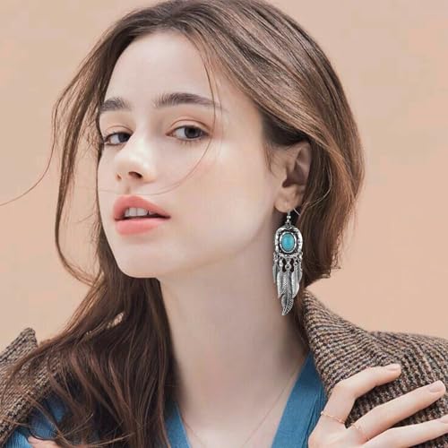 Boho Turquoise Drop Earrings Retro Long Copper Feather Tasse Metal Leaf Dangle Earrings Vintage Country Western Jewelry Cowgirl Ethnic Style Geometric Concert Festival Accessories for Women - color: Turquoise Feather