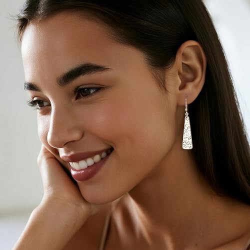 ALEXCRAFT Hammered Silver Dangle Earrings for Women, 14K Gold Plated French Leverback Earrings, Hypoallergenic Lightweight Statement Hammer Square Bar Long Drop Earing for Women Trendy Jewelry Gifts - color: SilverA