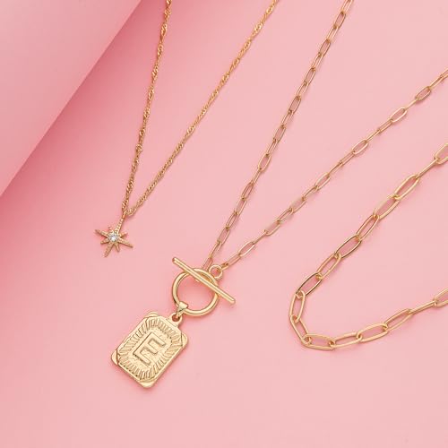 Paxuan Dainty Gold 3-Layer Personalized Initial Necklace for Women - 18K Gold Layered Letter Pendant Necklace Adjustble Paperclip Chain Choker Necklace Jewelry Gifts with Star Charm - style: Letter E