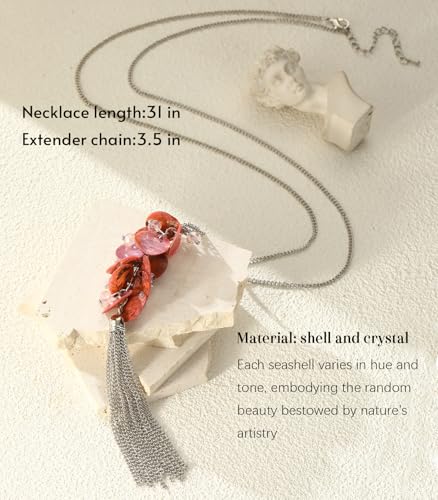Noessla Boho Long Pendant Necklaces for Women Silver Tassel Long Necklace Sweater Chain Mothers Day Gifts Silver Costume Jewelry for Women - color: 81-Pink