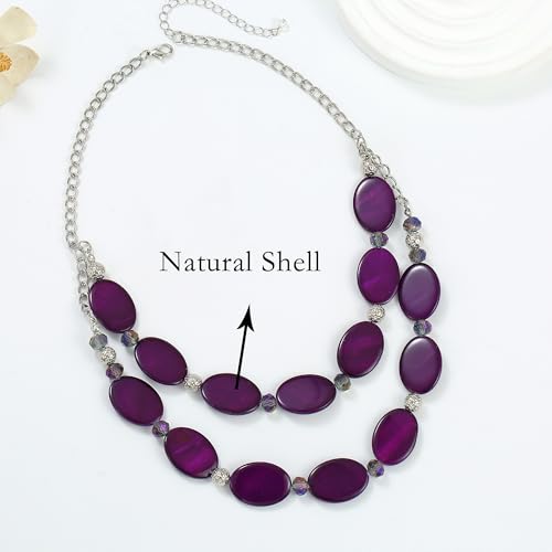 2 Layered Chunky Beaded Shell Necklace for Women Sea Shell blue/yellow/red/green/turquoise/teal/white Statement Necklace and Earring Set Elegant Women Necklace Set Jewelry Sets for Women - color: Purple