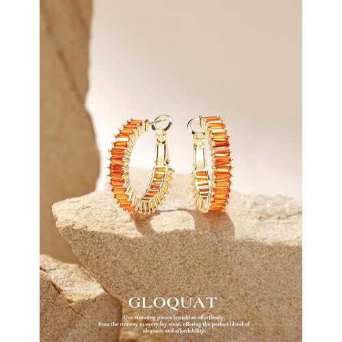 Trendy 14K Gold Plated Hoop Earrings for Women, Chunky Gold/Silver Earrings for Women Cubic Zirconia Baguette Hoop Earrings Heart Hoops Lightweight Hypoallergenic Jewelry,25mm/35mm/40mm/50mm - color: 01 Gold Orange Hoops 25mm