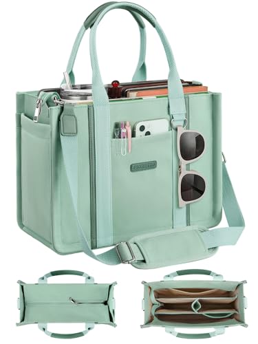 FIORETTO Women’s Canvas Tote Bag Purse with Zipper, Multi Compartment & Reinforced Bottom, Ideal for Work, Bible, Travel - color: Green, size: Medium, style: Built-in Organizer