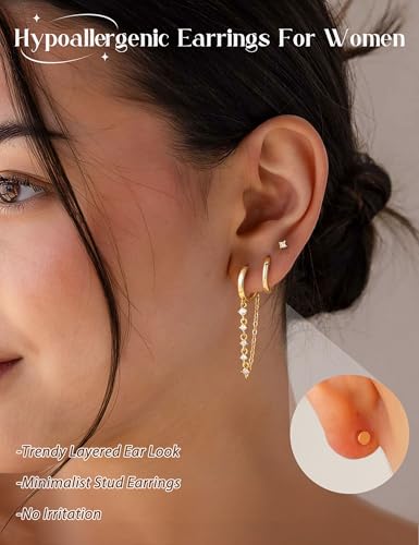Turandoss Gold Hoop Earrings for Women, Small Hoop Chain Dangle CZ Stud Earrings, Minimalist Gold Earrings for Multiple Piercings, Lightweight Everyday Jewelry for Women