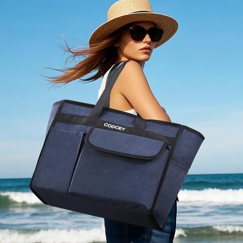 Large Utility Tote Bag with Reinforced Bottom, Waterproof Multi Pockets Beach Tote Bag for Travel, Work, School - color: Blue