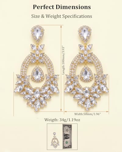 Silver Chandelier Earrings for Women Trendy, Oversized Big Crystal Rhinestone Statement Earrings Dangling Formal Pageant Earings Drag Queen Jewelry - color: Gold1