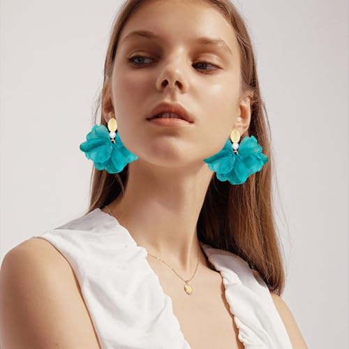 Handmade Fabric Flower Petal Fringe Dangle Drop Earrings Bohemian Floral Tassel Stud Earrings For Women - color: Blue Green