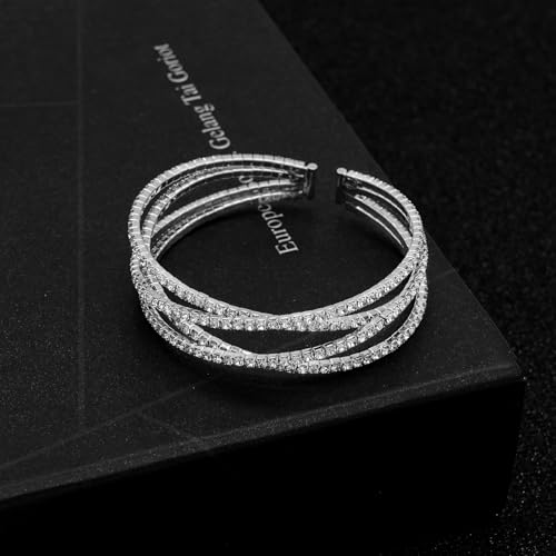 Women's Multi-Layer Rhinestone Cuff Bracelet Sparkling Crystal Tennis Bangle for Bridal Wedding Party - color: 1221 Silver