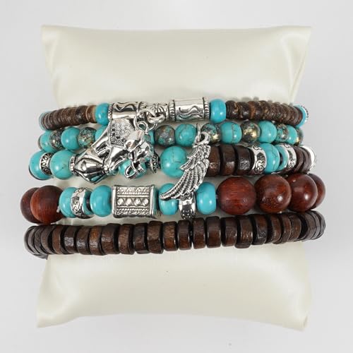 COLORFUL BLING Boho Turquoise Wooden Beaded Stretch Bracelets Stackable Turtle Butterfly Elephant Shell Heart Charms Bracelet for Women Men Western Jewelry Gifts - style: Set 1