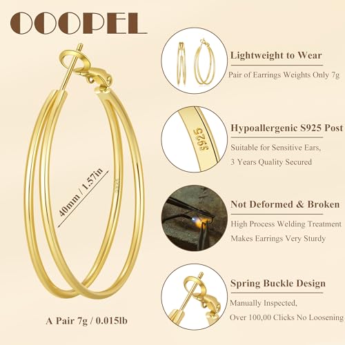 OOOPEL Large Thin Double Hoop Earrings for Women Lightweight Hypoallergenic 925 Sterling Silver Post 14K Gold Hoops Non Tarnish Sturdy Big Thin Double Layered Hoop Earrings 30/40/50/60mm - color: Gold, size: 40mm