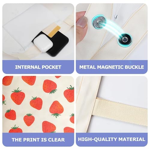 1-PACK Cute Strawberry Print Canvas Tote Bag, Reusable Grocery Bag with Magnetic Snap Closure & Inner Zipper Pocket, Aesthetic Gift for Women - color: A1-strawberry 1 Pack