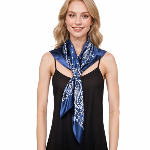 RIIQIICHY Head Scarf for Women Like Silk Scarf Hair Scarf Printed Square Scarf Bandanas for Women 35 Inches - color: Navy/White/Black