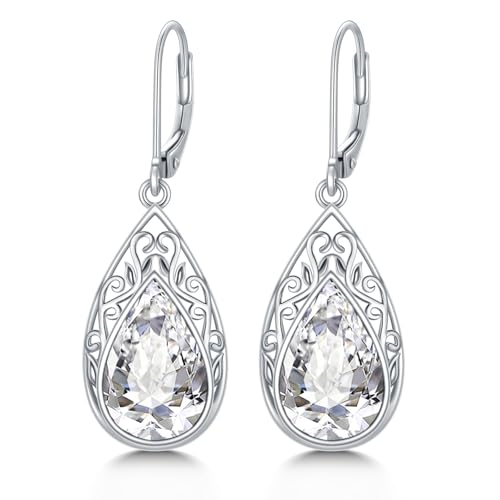 POIUY Gifts for Women Hypoallergenic Teardrop Filigree Birthstone Leverback Dangle Earrings 18K White Gold Fashion Jewelry Anniversary Wedding Birthday Gifts for Women Daughter Sister Girlfriend Wife - style: 4-April Birthstone Earrings