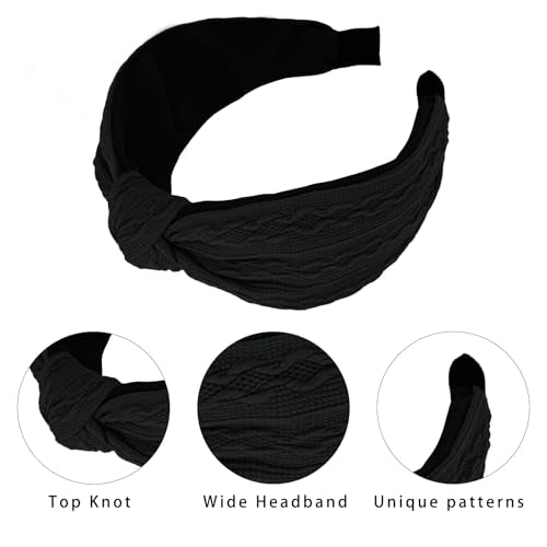 Ondder Top Knot Headband for Women Black Fabric Non Slip Fashion Wide Knotted Headbands Hair Accessories for Women Girls - color: Black