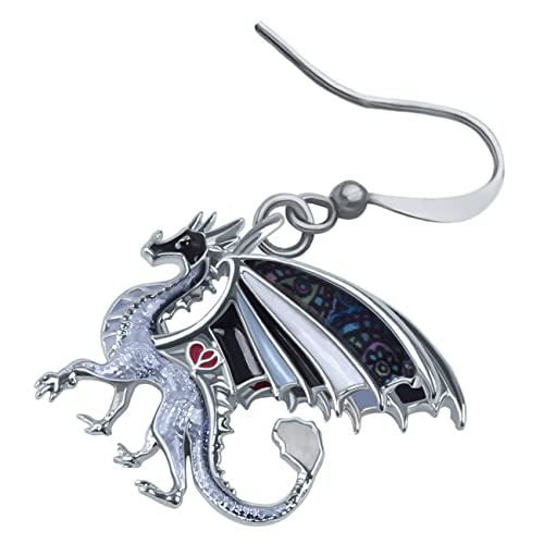 Enamel Alloy Dinosaur Fantasy Dragon Earrings Drop Dangle Unique Animal Jewelry For Women Dragons Gifts - color: Charcoal