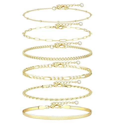 Besteel Ankle Bracelets for Women Waterproof - 14K Gold Plated Non Tarnish Layered Cuban Link Chain Rope Figaro Herringbone Anklets Set Plus Size Anklet Summer Foot Jewelry Gift Adjustable 8-12 Inch - style: 6 Pcs Gold Cuban-8.5+2.5 Inch