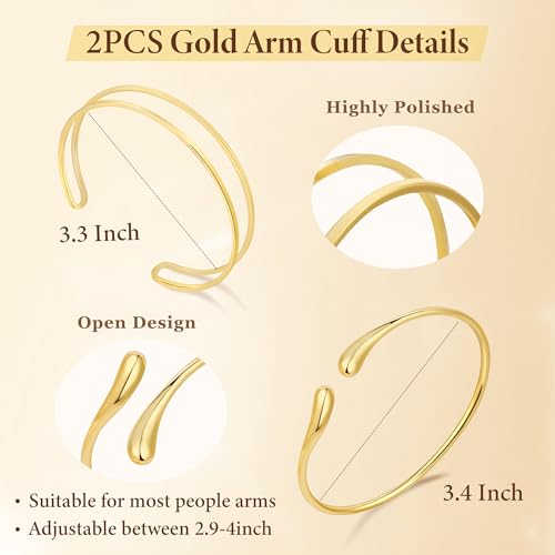 PEALICIOUS 2Pcs Chunky Bracelet for Women, Girls Gold Bangle Bracelet 7in Minimalist Silver Chunky Bangles Prom Gifts, Trendy Gold Arm Cuff Upper Arm Band, Stack Bead Prom Accessories Summer Jewelry - style: gold arm cuff