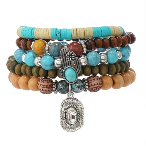 Western Turquoise Beaded Bracelet Stack - Vintage Cowgirl Stretch Set with Bull Skull, Feather & Boot Charms, Handmade Boho Jewelry for Rodeo, Country Concerts & Casual Western Outfits - style: Hat