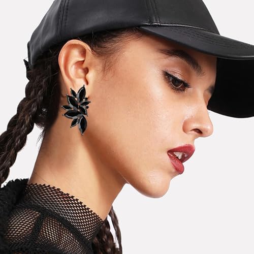 Bohemian Statement Sparkly Colourful Fancy Rhinestone Crystal Flower Dangle Drop Stud Earrings Vintage Wedding Bridal Prom Earrings for Women - color: Black