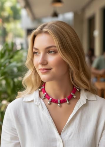 athizay Boho Charm Thread Choker Necklace – Braided Bohemian Choker with Oxidized Silver Dangle Charms | Handmade Boho Jewelry for Women - color: Pink, Silver