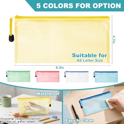 Mesh Zipper Pouch Bags - 5Pack A6 Waterproof Small Zipper Bags 4.7x9.3 Inch Clear Mesh Storage Pouches Assorted Colors for Home, Office, Travel, Receipts, Puzzles, Cosmetic - size: 4.7 x 9.3 Inch