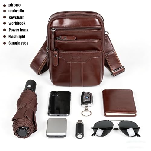 Leather Messenger Bag for Men, Small Leather Sling Shoulder Bag Messenger Pack for Men, Man Purse - color: Medium Brown