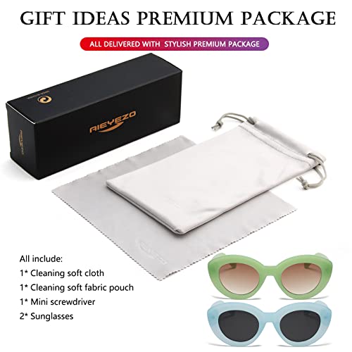 AIEYEZO Oversized Cat Eye Sunglasses for Women Cute Oval Thick Frame Cateye Sun Glasses Chic Retro Style Shades - color: 2 Set (Green + Blue)
