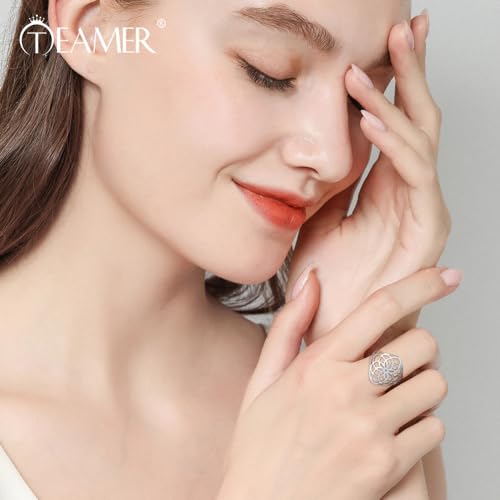TEAMER Filigree Flower Ring Stainless Steel Elegant Bohemian Finger Ring Wedding Band Ring Exquisite Jewelry for Women - color: Style 1 - Silver