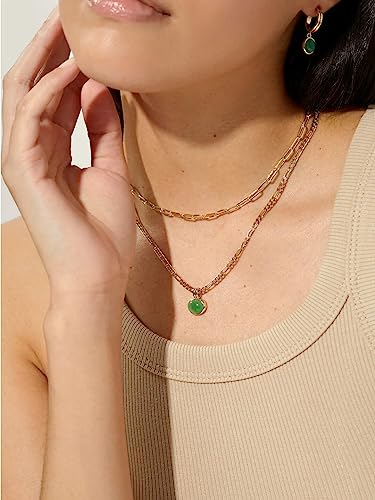Green Aventurine Stone Pendant Necklace for Women Dainty 18K Plated Gold Chain Choker Necklace,Layered Necklace,Jewelry Set Non Tarnish - color: Green-3pcs