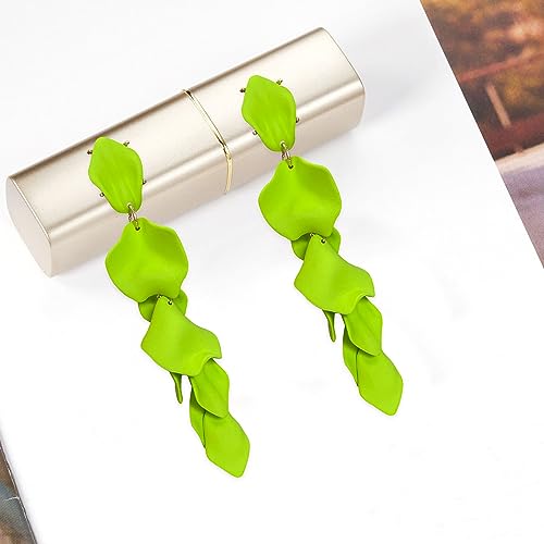 Long Acrylic Rose Petal Earrings Dangle Exaggerated Flower Earrings Drop Statement Floral Tassel Earrings for Women - color: Neon Green