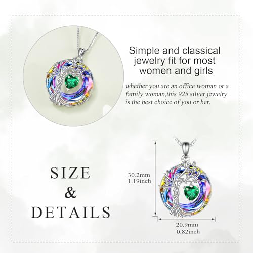 POPLYKE Mothers Day Gifts for Mom Her Wife Tree of Life Necklace 925 Sterling Silver Birthstone Pendant with Crystal Anniversary Birthday Wedding Jewelry for Women - color: 05-May-Emerald, style: White Gold Plated-Volcano Crystal