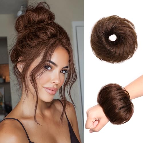 Messy Bun Hair Pieces for Updos 100% Real Human Chignons Scrunchies Hair Buns Stretchy Fluffy Faux Buns Wig Hairpiece Elastic Band Hairbun Donut Hair Bun Extensions for Women Chestnut Brown - color: Chestnut Brown