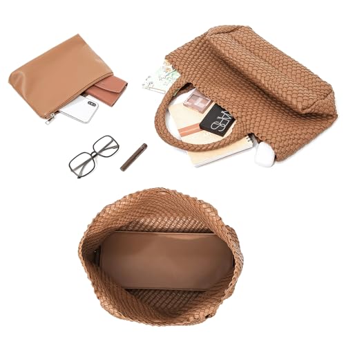 Handmade Woven Tote Bag for Women, Soft Vegan Leather Shoulder Bag with Purse, Large Travel Handbag - color: Brown