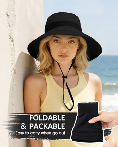 Senker Fashion Sun Hats for Women UV Protection, Waterproof Ponytail Wide Brim Bucket Hat for Summer Beach Gardening Travel - color: Black