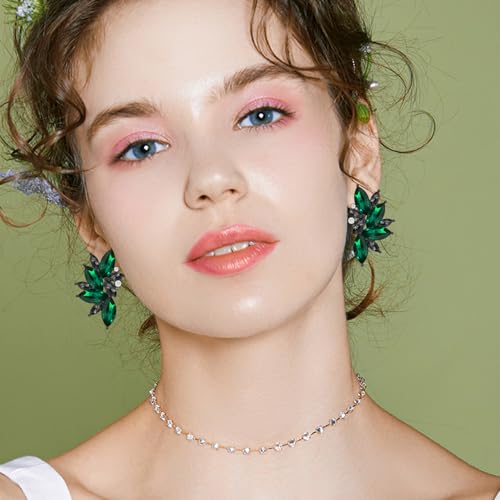 Bohemian Statement Sparkly Colourful Fancy Rhinestone Crystal Flower Dangle Drop Stud Earrings Vintage Wedding Bridal Prom Earrings for Women - color: Black Green