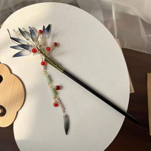 Feather Design Hairpin with Black Resin Leaves & Bamboo Pendant on Natural Wood Stick - Chinese Hanfu Minimalist Hair Accessory for WomenBlack Bamboo) - color: Black Bamboo