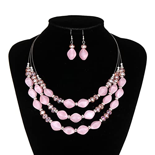 3 Layered Chunky Statement Necklace for Women Beaded Strand Necklaces with Earring Fashion Costumes Collar Necklace Jewelry Sets Gifts for Women - color: Pink