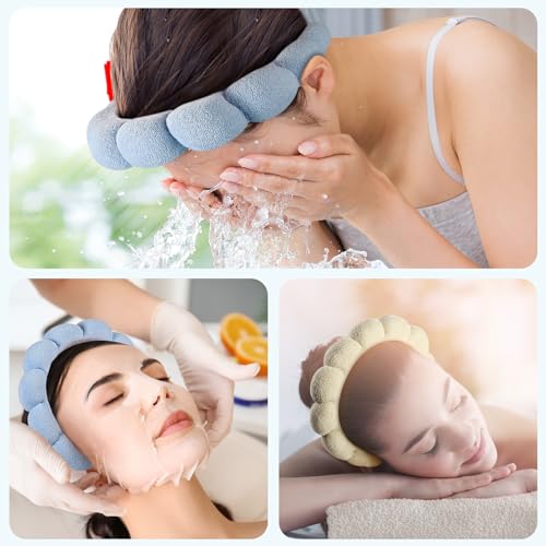 Ztomine Spa Terry Cloth Headband Combo Pack - 2 Puffy Makeup Facial Headbands for Face Washing and Masks (Beige + Blue) - color: beige + blue