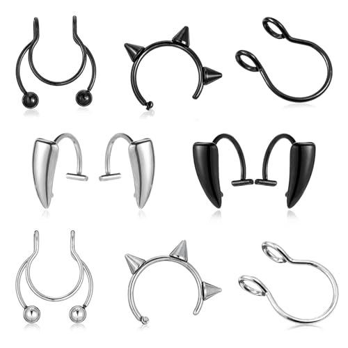 10PCS Fake Septum Rings Stainless Steel Fake Lip Ring Clip on Septum Piercing Adjustable Non-Piercing Lip Piercing Jewelry Double Hoop Nose Ring Clip On Helix Cartilage Hoop Earring Cuff for Women Men