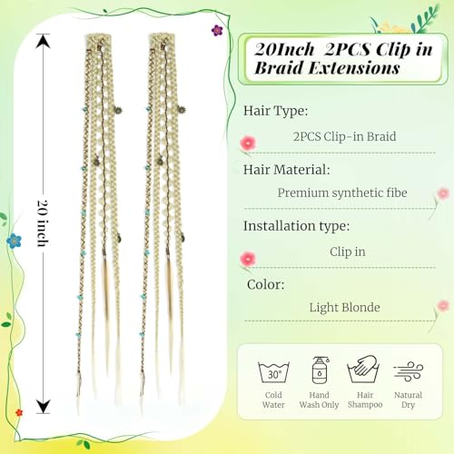 2PCS Boho Dreadlock Clip In Braids with Charms and Beads, Handmade Dreadlock Braids Hair Extensions Synthetic Braided Hairpieces for Women (Light Blonde 20 Inch) - color: Light Blonde, size: 20 Inch