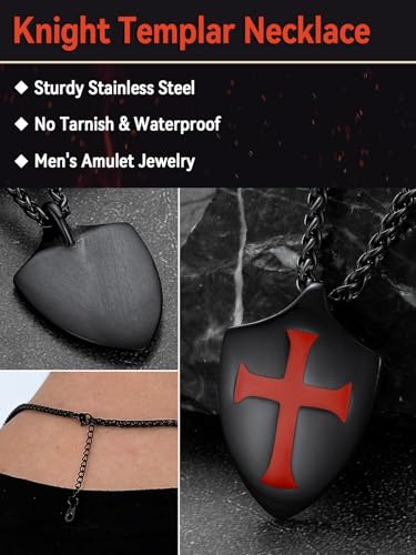 FaithHeart Knights Templar Necklace for Men, Christian Necklace for Men Stainless Steel Pendant Neckalces Christian Gifts with Gift Box - color: 03. Shield-Black