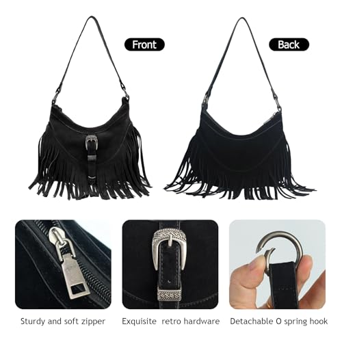 Fringe Hobo Purse for Women,Western Small Fringed Shoulder Bag Vegan Suede Hippie Crossbody Bag with Tassel - color: Black
