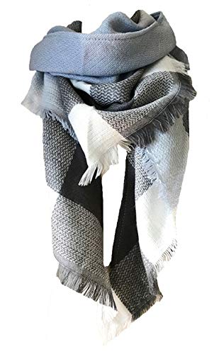 Wander Agio Womens Warm Long Shawl Winter Wraps Large Scarves Knit Cashmere Feel Plaid Triangle Scarf - color: Grey Light Blue 28