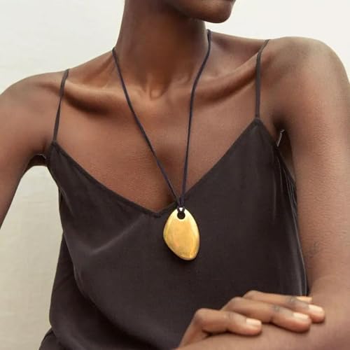 Black Cord Necklace with Gold Circle Pendant Chunky Leather Cord Necklace Large Round Pendant Statement Necklace Long Boho Jewelry Western Outfit for Women - color: B1