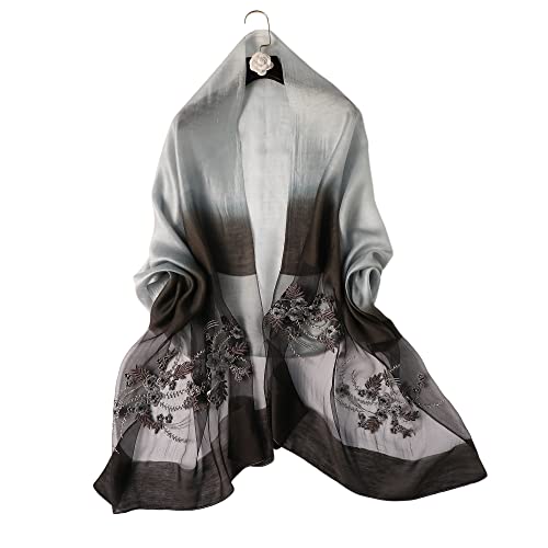 WINCESS YU Women Mulberry Silk Scarf Long & Large Embroidered Floral Pattern Shawl and Wraps Neckerchief for Hair & Neck - color: Gradient Black