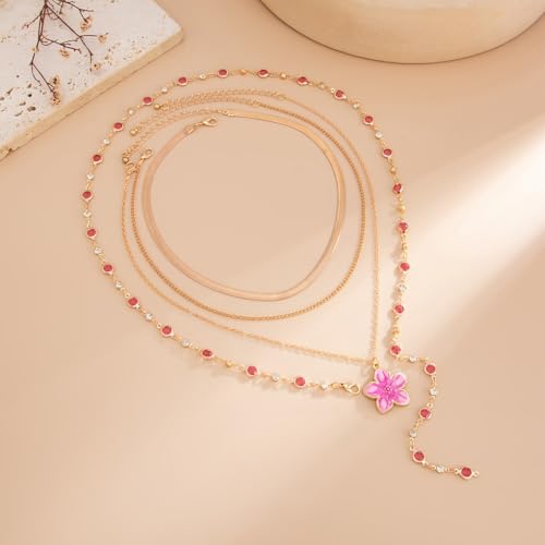 Gold Flower Y Chain Necklace for Women Layered Flower Pendant Choker Long Rhinestone Chain Necklace Party Prom Jewelry - color: Pink