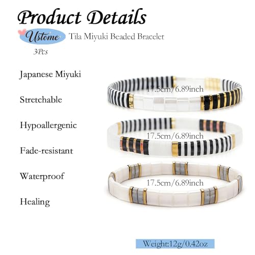 Tila Flat Square Stack Beaded Bracelets Set for Women Men, Boho 3Pcs Romantic Handmade Healing Gold Colorful Stretch Accessories Jewelry, Daily Vacation Party Holiday Friendship Gift - color: Black White