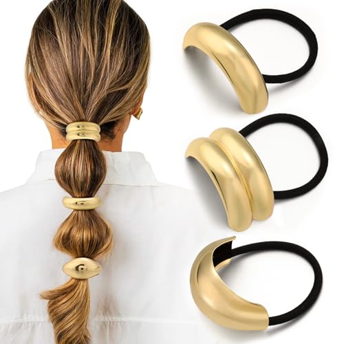 3PCS Gold Hair Ties, Metal Hair Ties for Thick Hair, Elegant Durable Geometric Design, Gold Hair Accessories Stretchy and Non-Damage Ponytail Cuff Holders, 3 Styles in Box Holiday Gifts - color: Gold Set 01